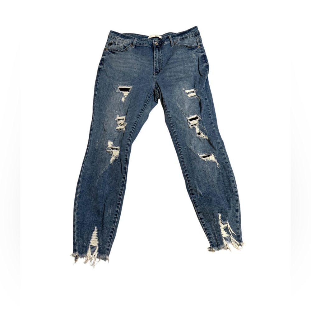 KanCan Casey Distressed Skinny Jeans XL Blue Raw Hem Cropped Denim Stretch